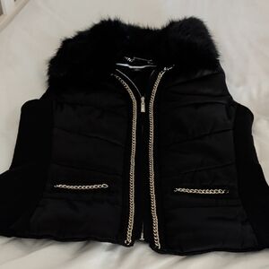 Black Quilted Faux Fur Trim Vest with Chain Trim